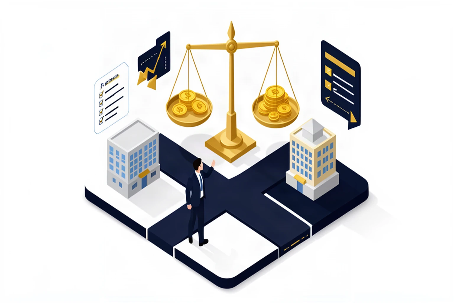 Business owner weighing two corporate structures on a scale, isometric illustration