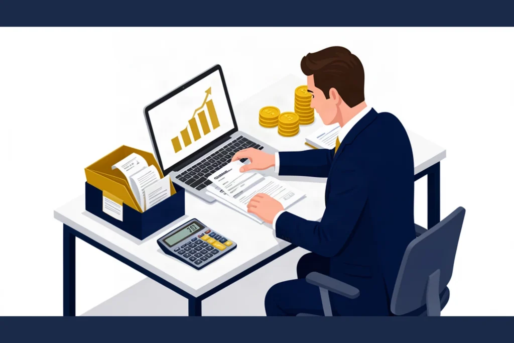 Isometric illustration of a business owner organizing receipts and financial paperwork at a desk