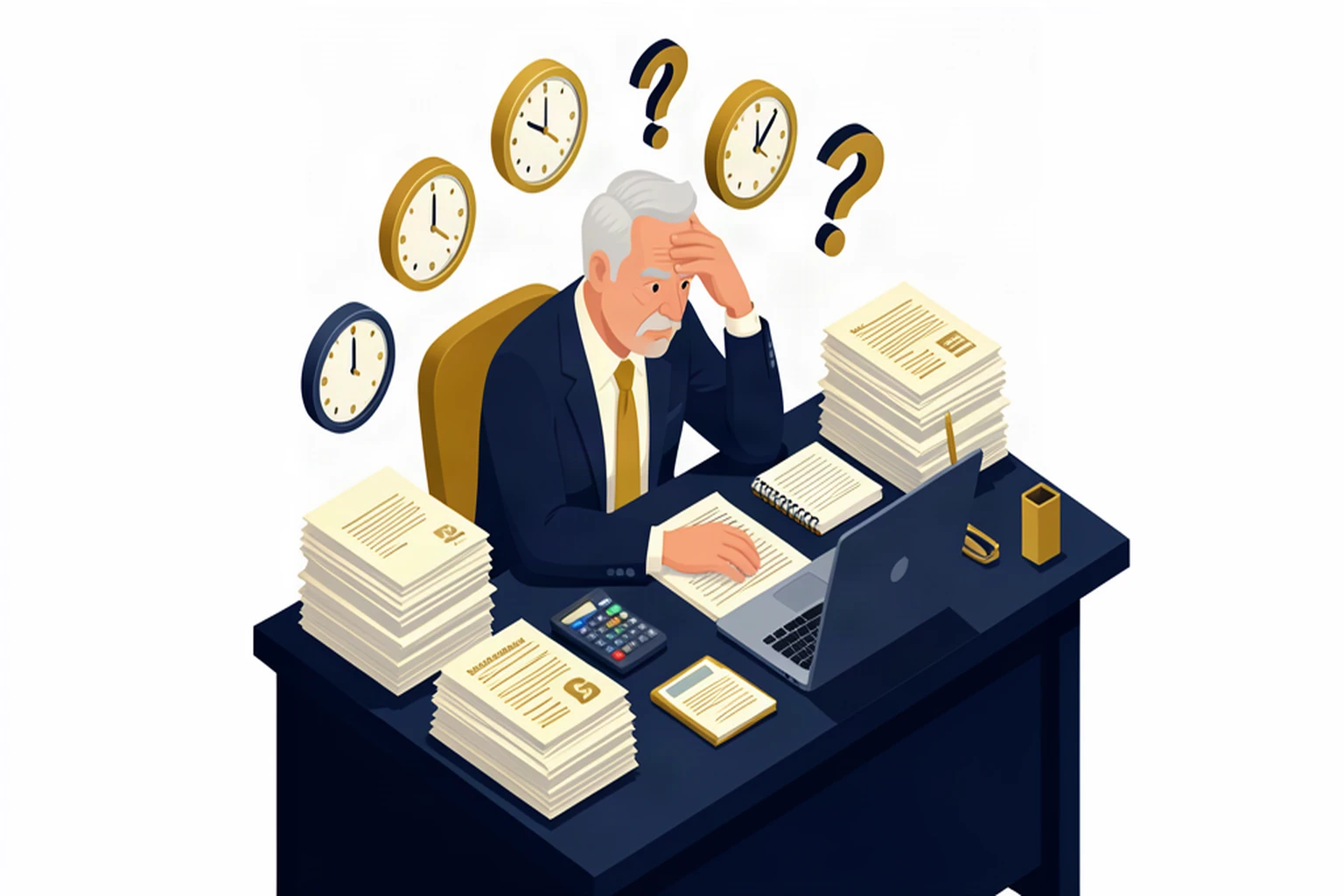 Stressed business owner surrounded by paperwork and clock faces, isometric illustration