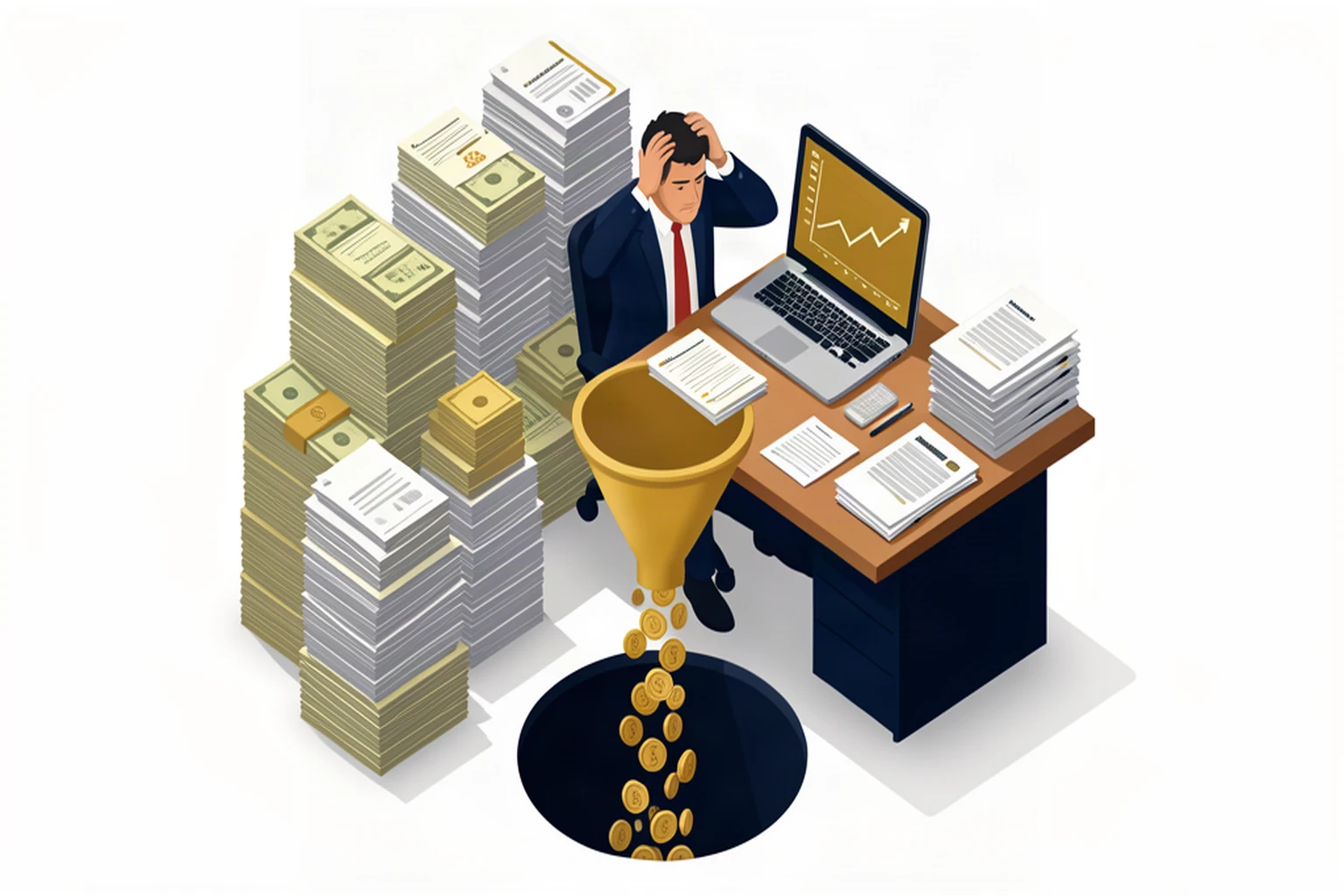 Stressed business owner surrounded by bills and paperwork, isometric illustration
