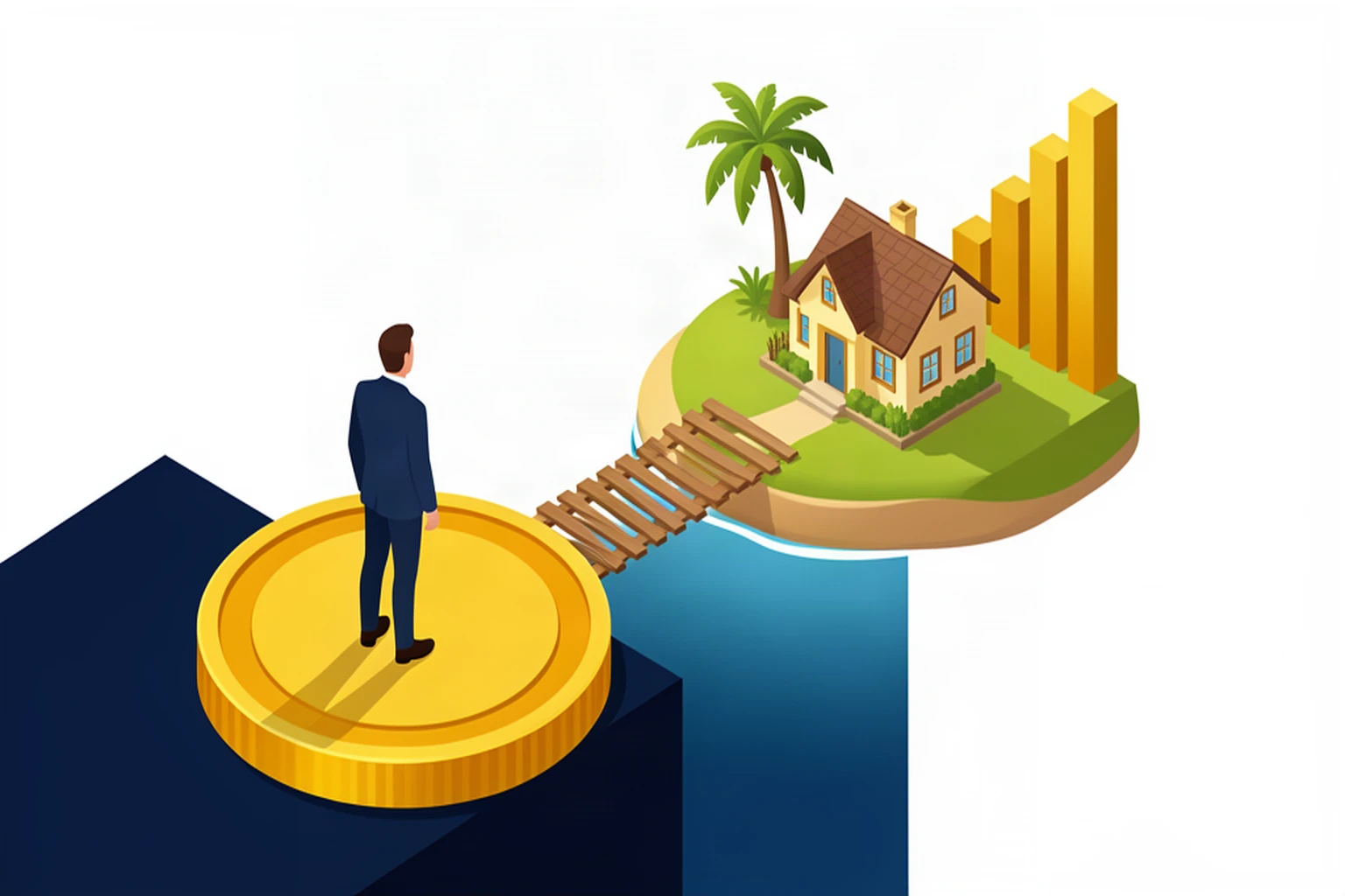 Business owner building a bridge of coins toward a retirement island, isometric illustration