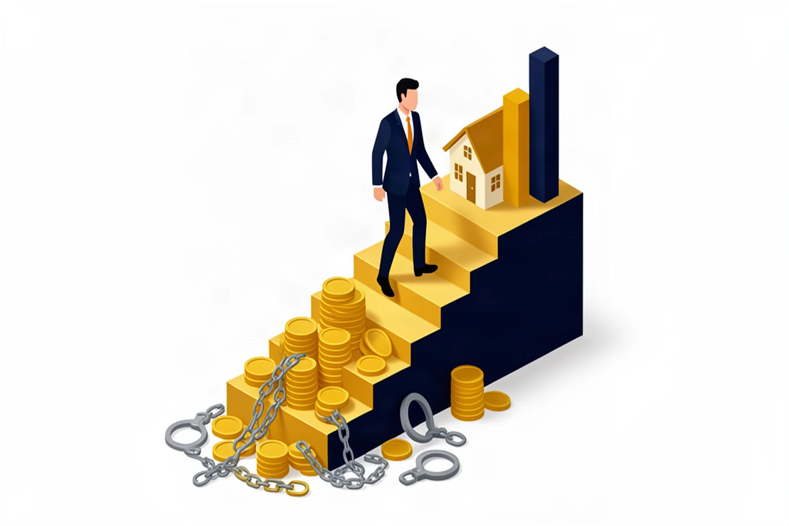 Business owner climbing a golden staircase out of debt toward a house, isometric illustration