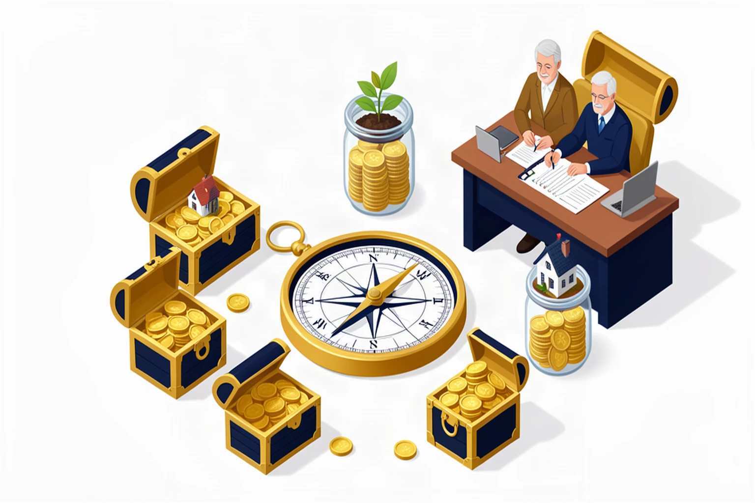 Five wealth-building chests arranged around a compass with a couple reviewing their plan, isometric illustration