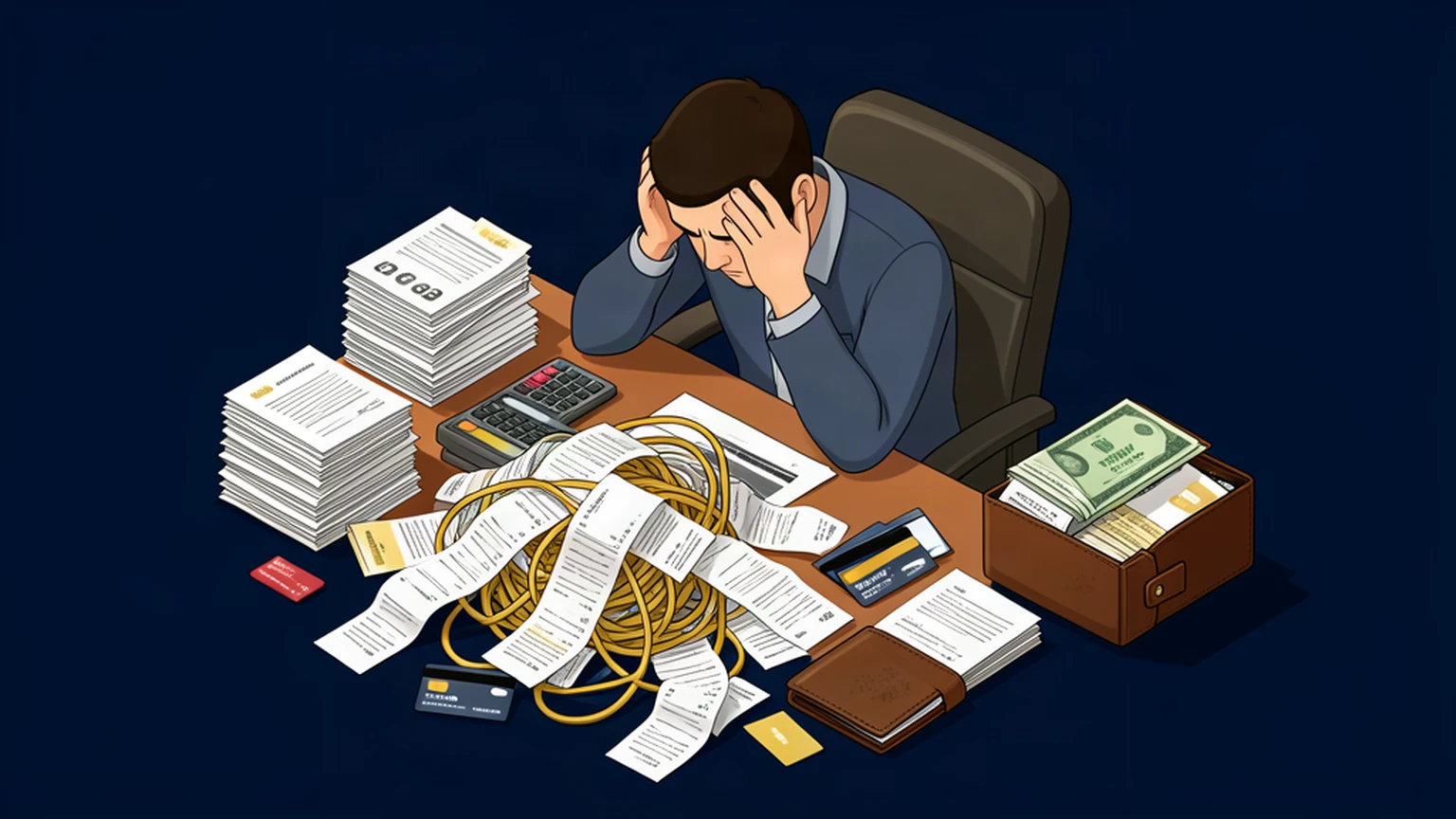 Stressed business owner with head in hands at a cluttered desk surrounded by tangled receipts, bank statements and credit cards