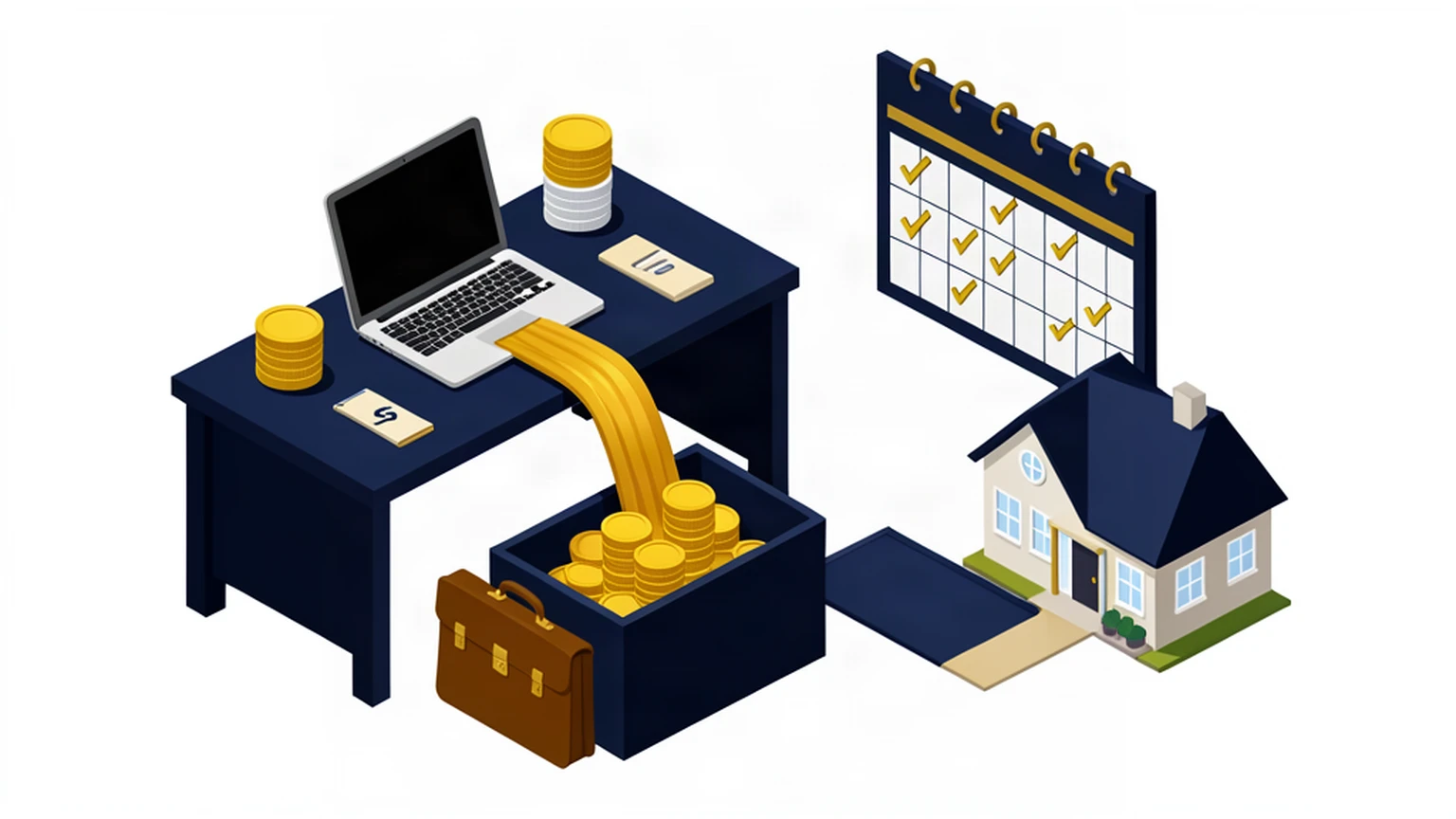 Isometric illustration of business and personal money separated into two clean streams and containers with a wall calendar of gold checkmarks showing a regular payday routine