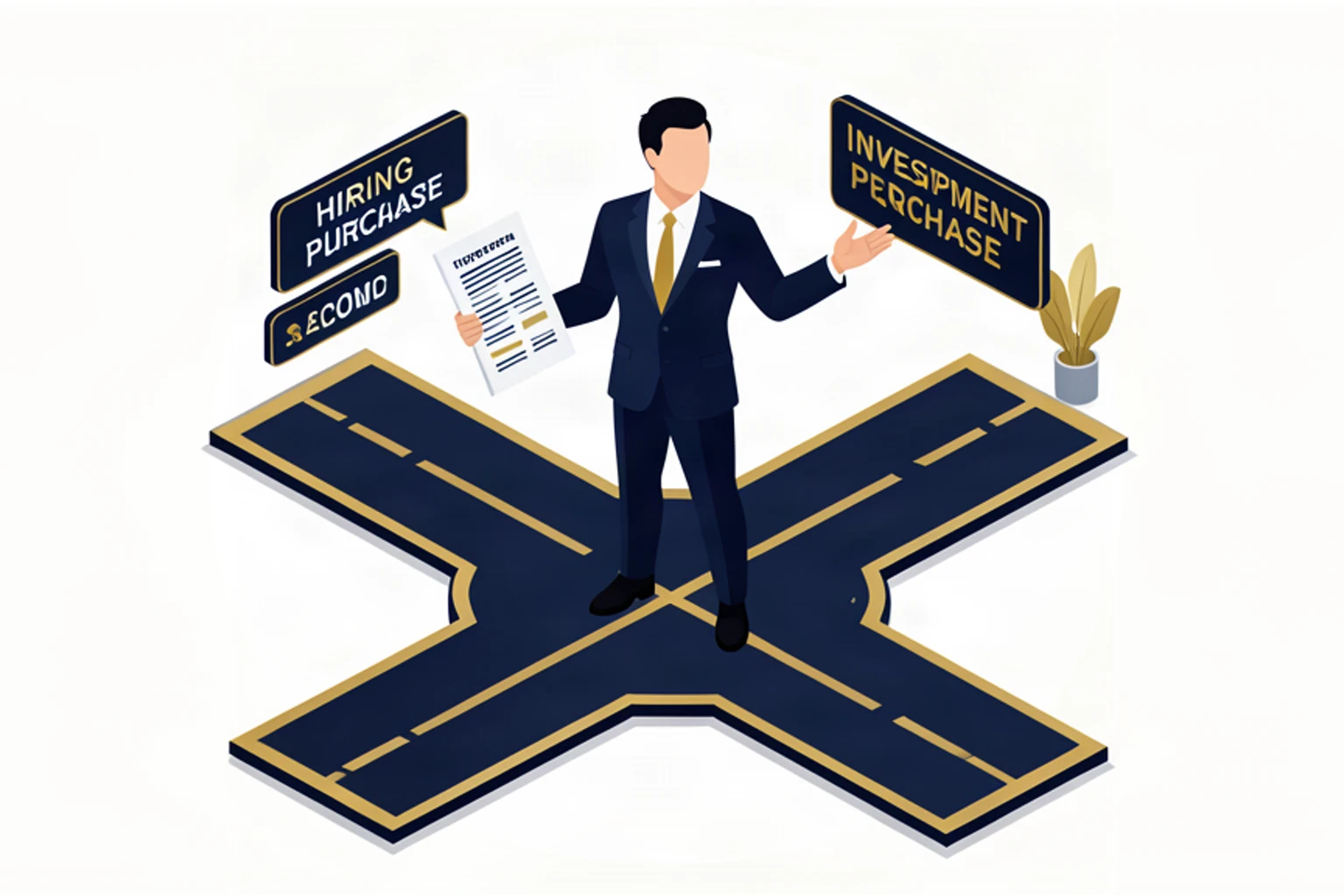 Isometric illustration of business owner making financial decisions with forecast in hand at crossroads