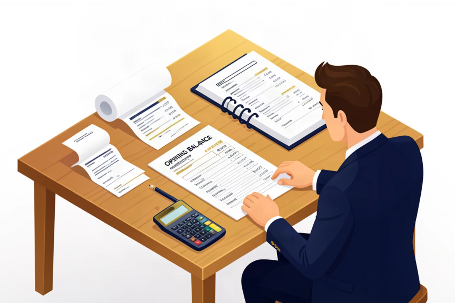 Isometric illustration of business owner analyzing bank statements and ledger for cash flow forecasting
