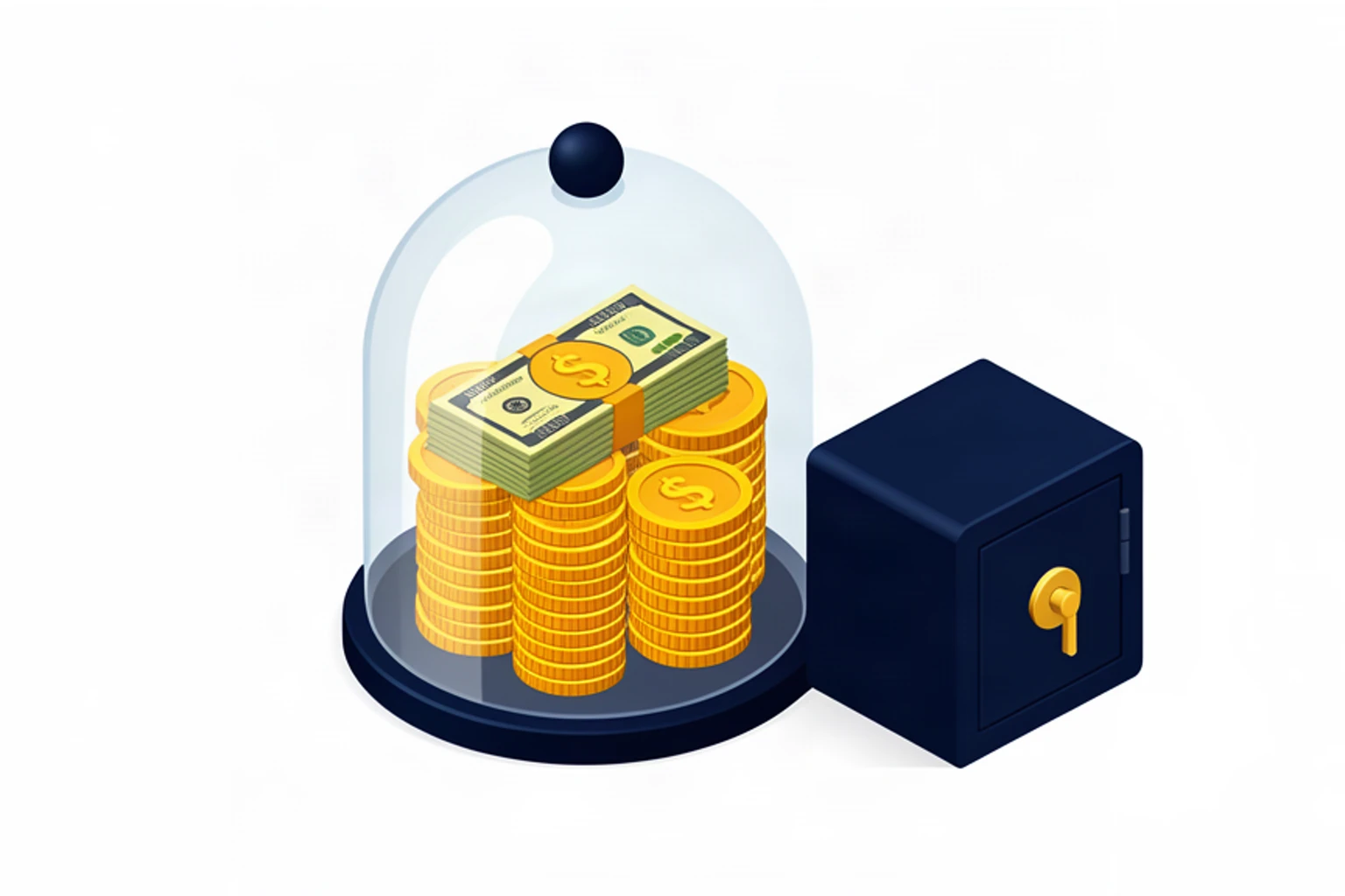 Isometric illustration of protected cash reserve with gold coins under dome