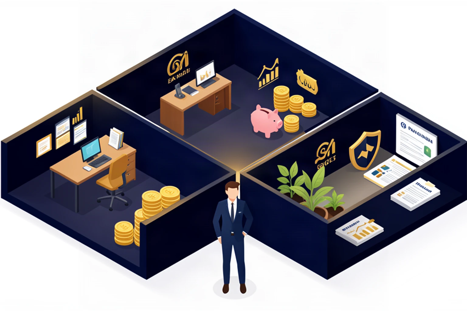 Isometric illustration of the Financial House framework with Earn, Save, Grow, Protect rooms - navy and gold