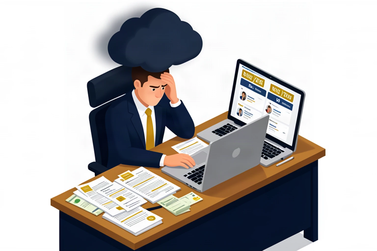 Business owner stressed from comparing finances on social media - isometric vector illustration