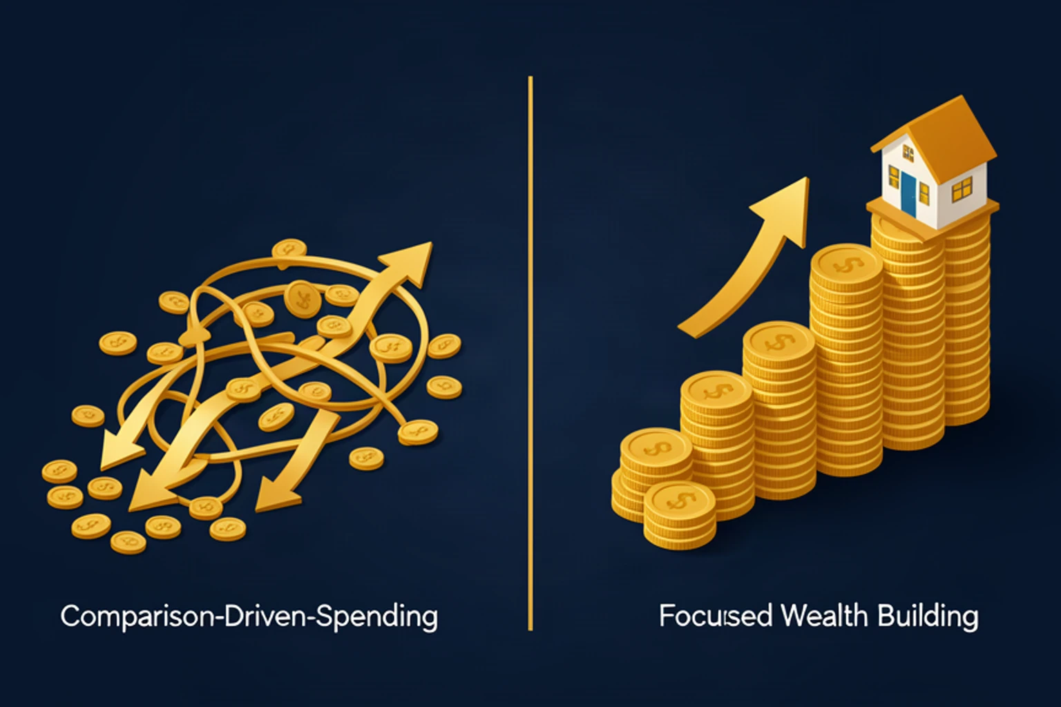Isometric comparison chart showing how focused wealth building outperforms comparison-driven spending - vector illustration