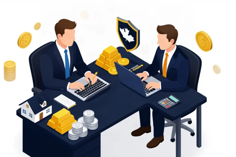 Isometric illustration of a financial advisor showing a Canadian business owner a wealth plan with gold bars and silver coins on a desk