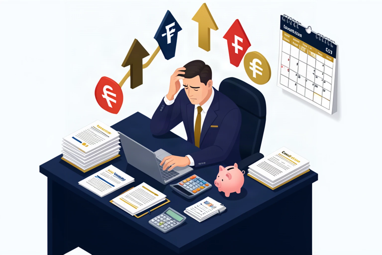 Isometric illustration of a stressed business owner at a desk with financial papers as inflation price arrows rise above