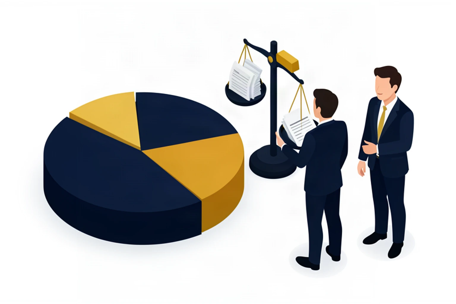 Isometric illustration of a balanced portfolio pie chart with a small gold segment and a scale balancing a gold bar and documents
