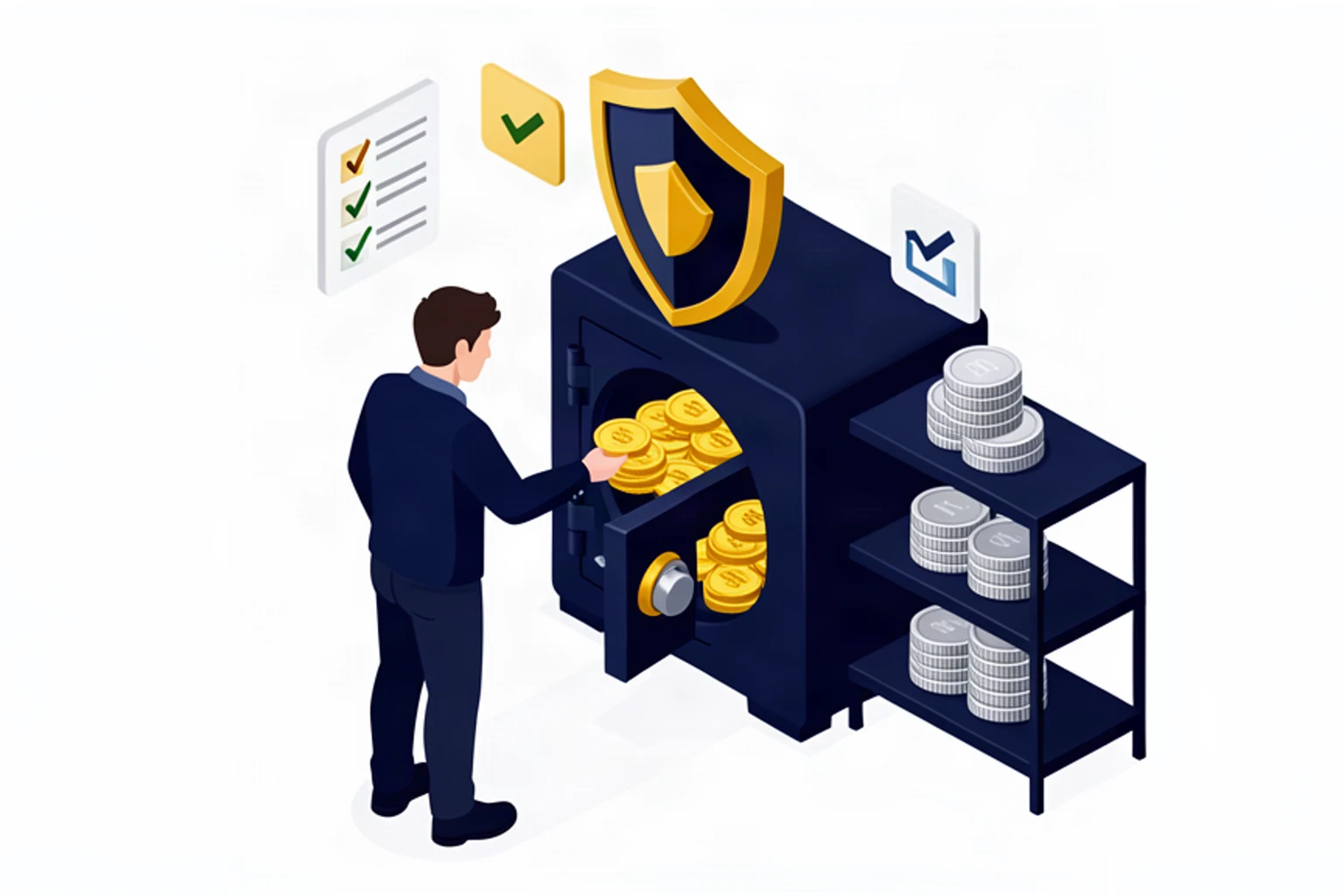 Isometric illustration of a person placing gold coins into a secure vault with a protective shield hovering above