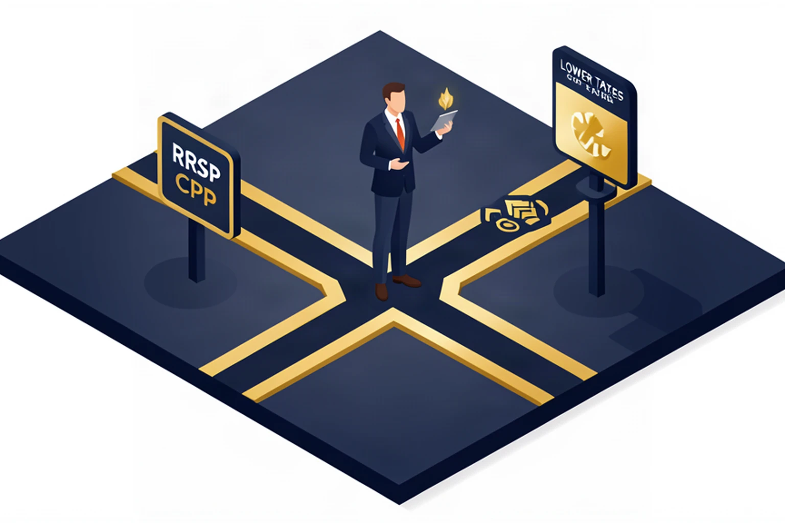Isometric illustration of business owner at a crossroads choosing between salary path and dividend path