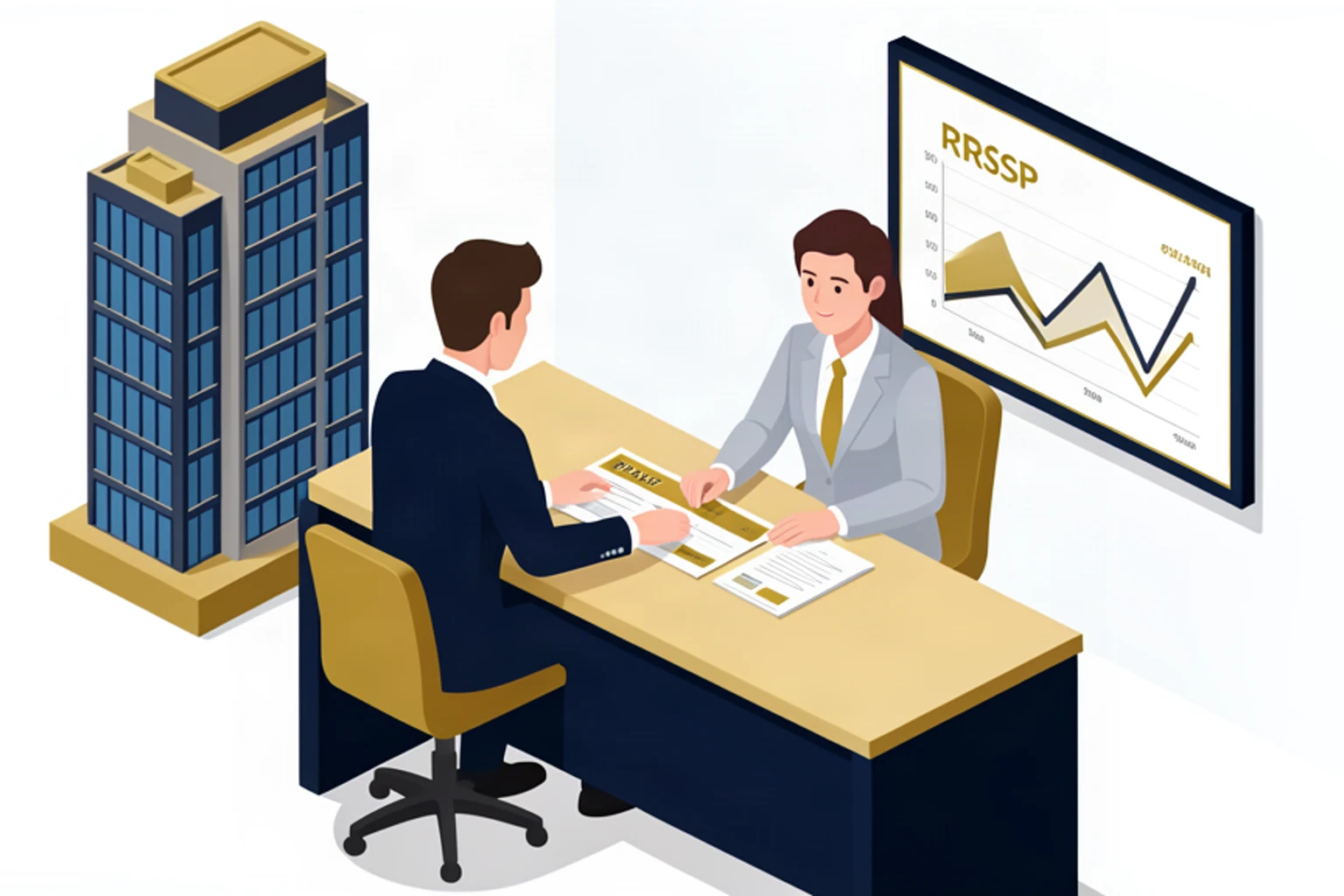 Isometric illustration of business owner writing a paycheque with RRSP chart in background