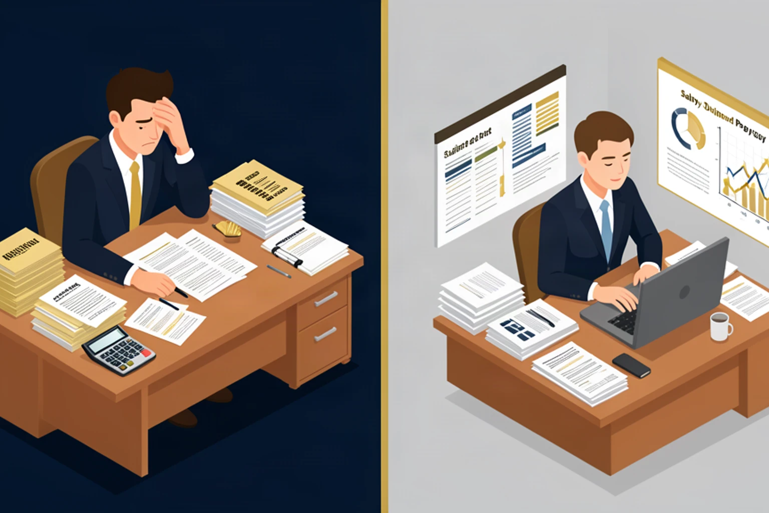 Isometric illustration of stressed business owner with financial papers beside a calm organized scene showing clear pay strategy