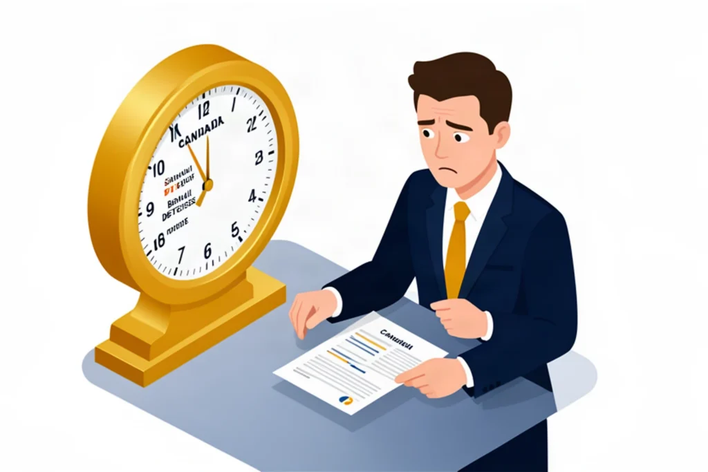 Isometric 3D vector illustration of a Canadian business owner reviewing corporate tax documents with a shrinking small business deduction meter, navy blue and gold color scheme