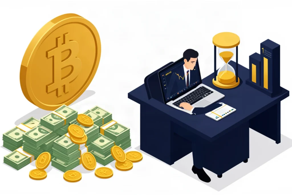 Isometric 3D vector illustration of a Canadian business owner at a desk with laptop showing crypto charts, Bitcoin and gold coins, navy blue and gold color scheme, financial Bitcoin theme