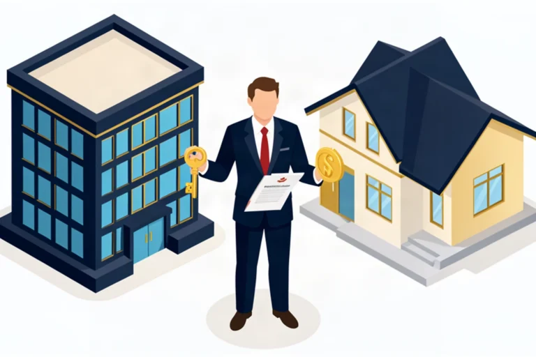 Isometric illustration of business owner holding corporate document and golden key beside commercial building and house, representing using corporate cash for real estate investing