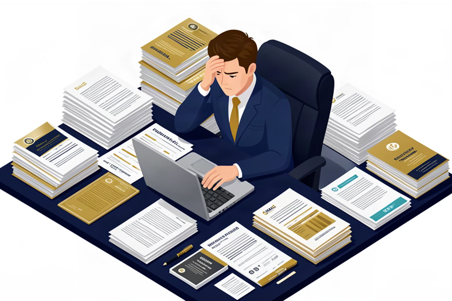 Isometric 3D vector illustration of a stressed business owner at a desk surrounded by corporate financial documents and investment statements, navy blue and gold color scheme