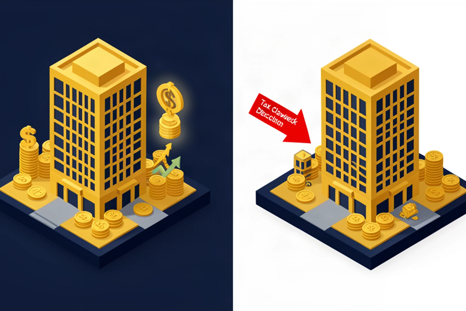 Isometric 3D vector illustration comparing two corporate paths: one with passive income under $50K keeping the small business deduction, and one over $150K with full SBD clawback, navy blue and gold color scheme