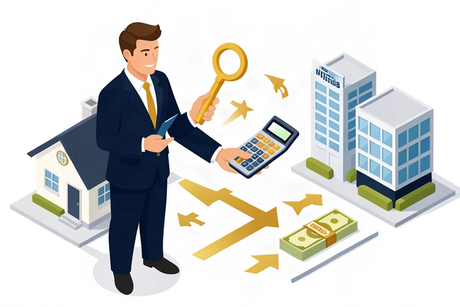 Isometric 3D vector illustration of business owner reviewing tax strategies document with golden key and calculator, corporate tax savings visualized, navy blue and gold color scheme