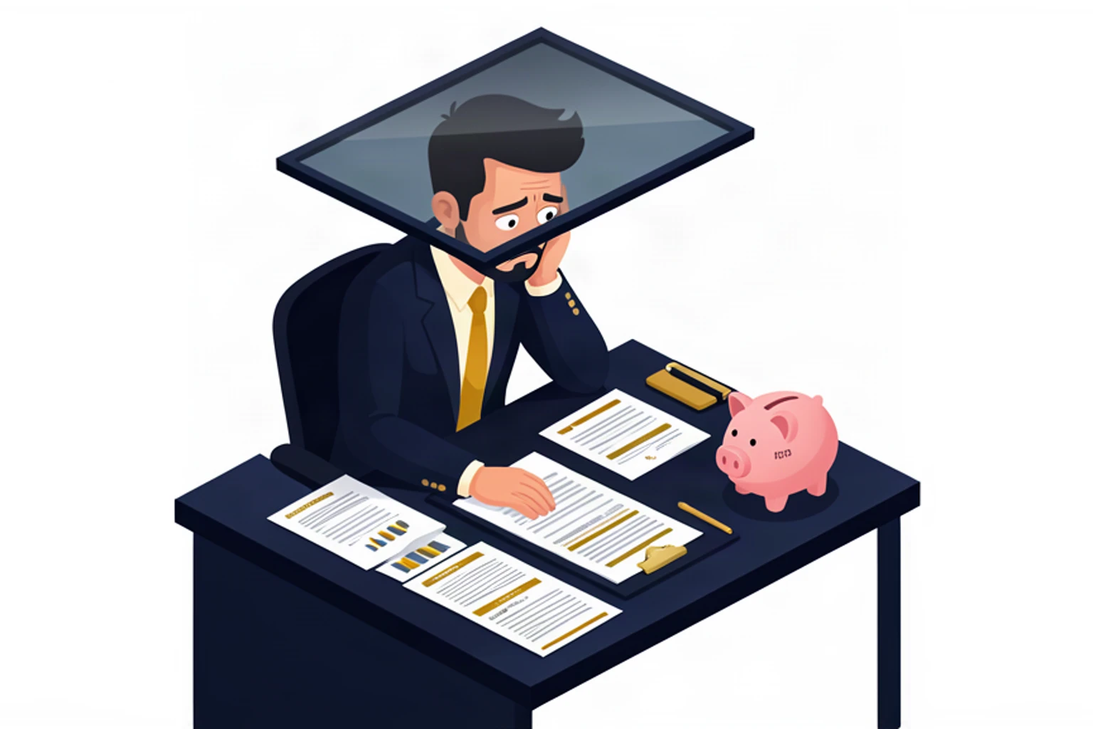 Business owner trapped under a glass contribution ceiling with a small RRSP piggy bank, isometric illustration