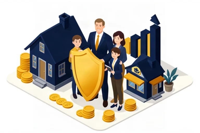 Isometric 3D vector illustration of a Canadian business owner and family protected by a large golden shield, house, business building and gold coins, estate protection theme
