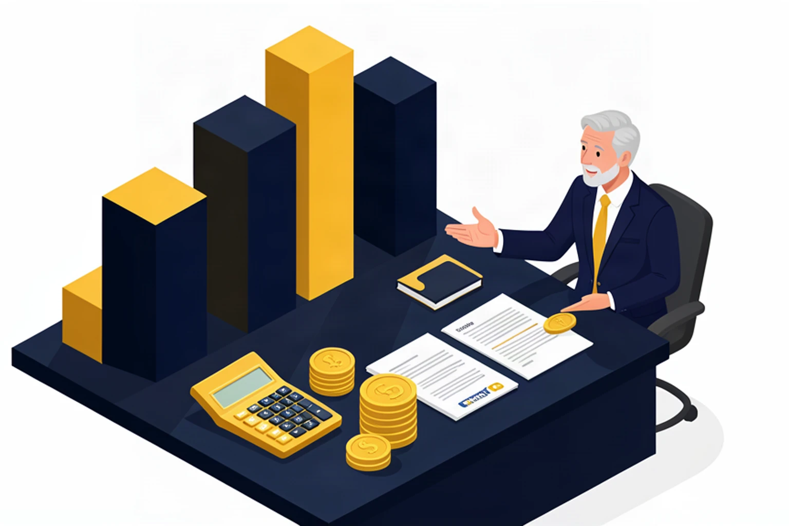 Financial advisor showing a business owner a large 3D bar chart of retirement contributions, isometric illustration