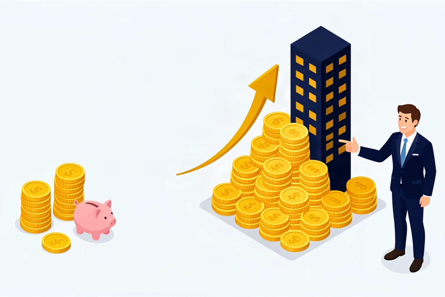 Comparison of a small RRSP coin stack against a large pension tower with a financial advisor pointing the way, isometric illustration