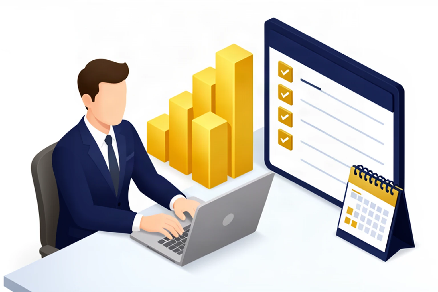 Business owner at a laptop with a rising 3D bar chart and a four-step action plan, isometric illustration