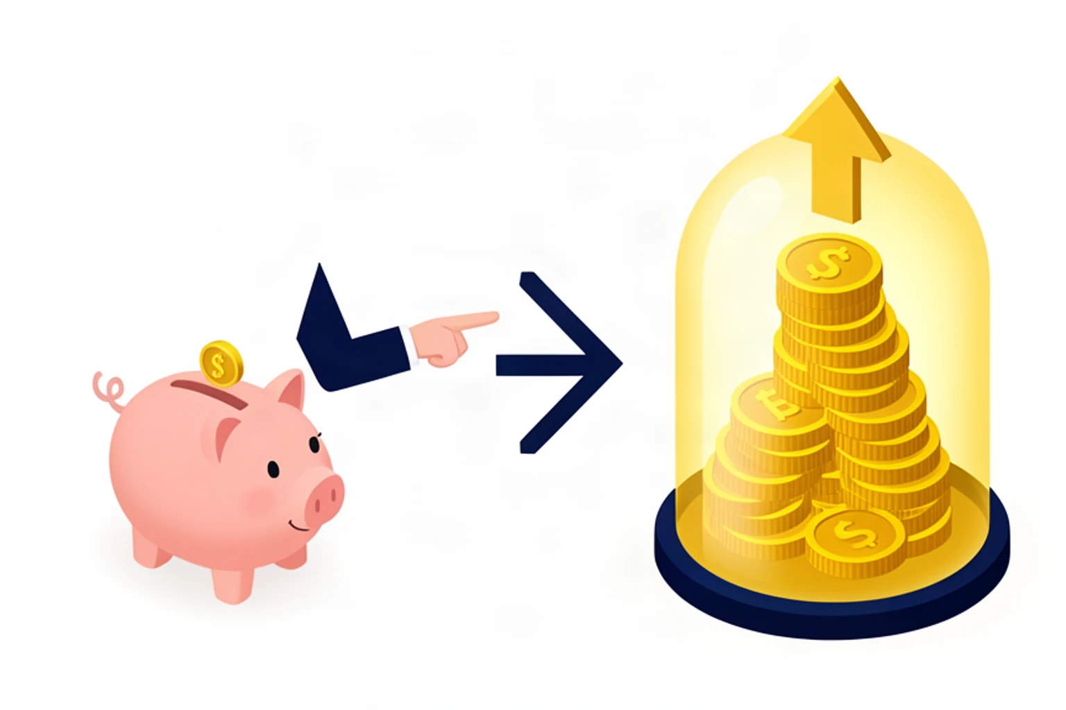Financial advisor pointing at a comparison of a small piggy bank and a large protected coin tower, isometric illustration