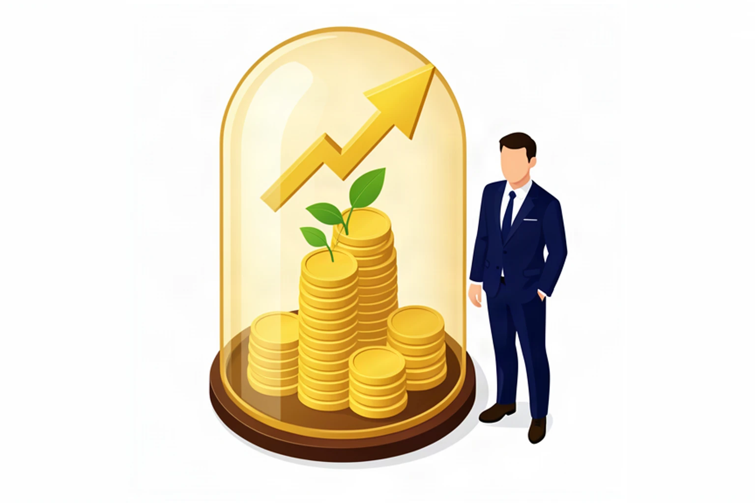 Business owner standing beside a giant protective dome shielding a tower of gold coins, isometric illustration
