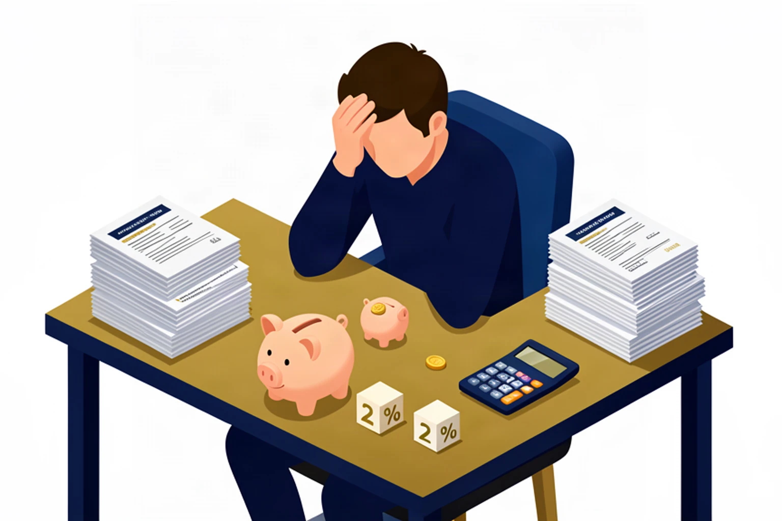 Stressed business owner at a cluttered desk with bank statements and a small piggy bank, isometric illustration